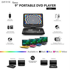 Impecca DVP-917K, 9" 270° Swivel Screen Portable DVD Player, Black